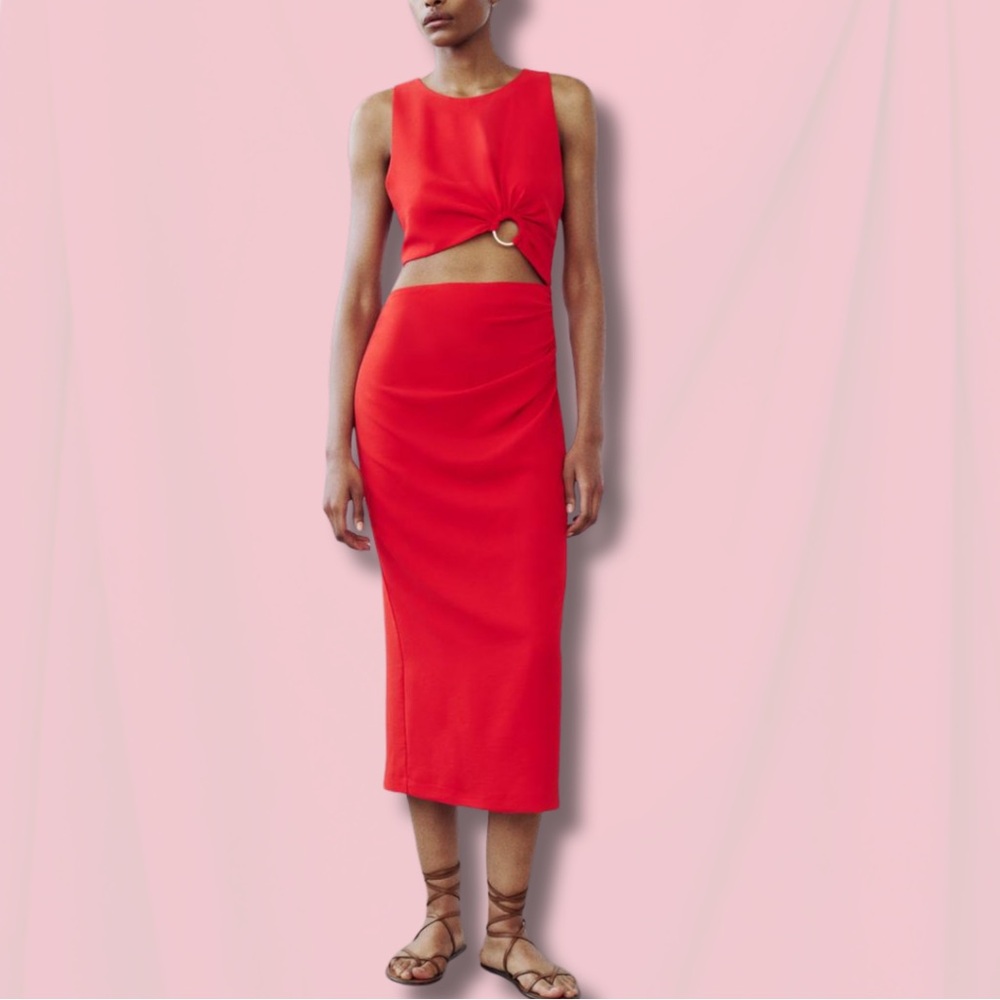 🚨 NWT ZARA Red Cutout O-Ring Midi Dress | Sleeveless Bodycon | Size M